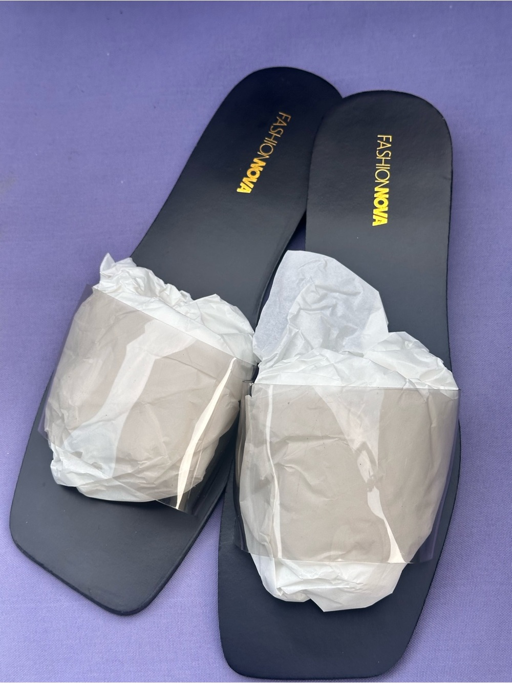 Fashion Nova Black Slide Sandals with Clear Straps